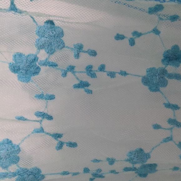 Light Blue Netted Scarf or Wrap with Blue Flowers and Flower Fringe - Picture 3 of 4